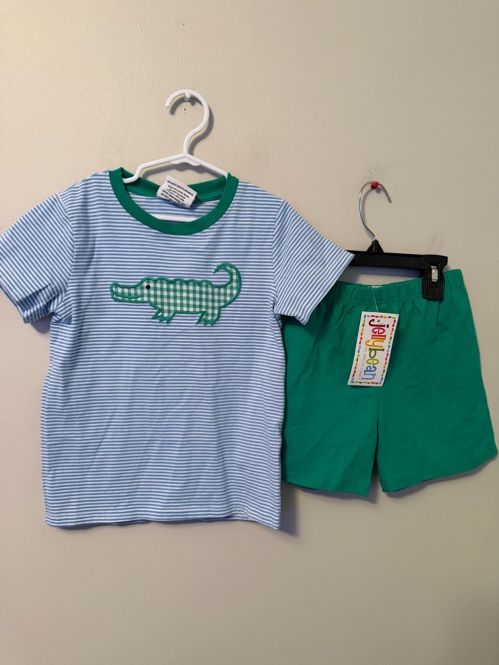 Jellybean Striped Tee & Green Shorts Set with Gator Applique